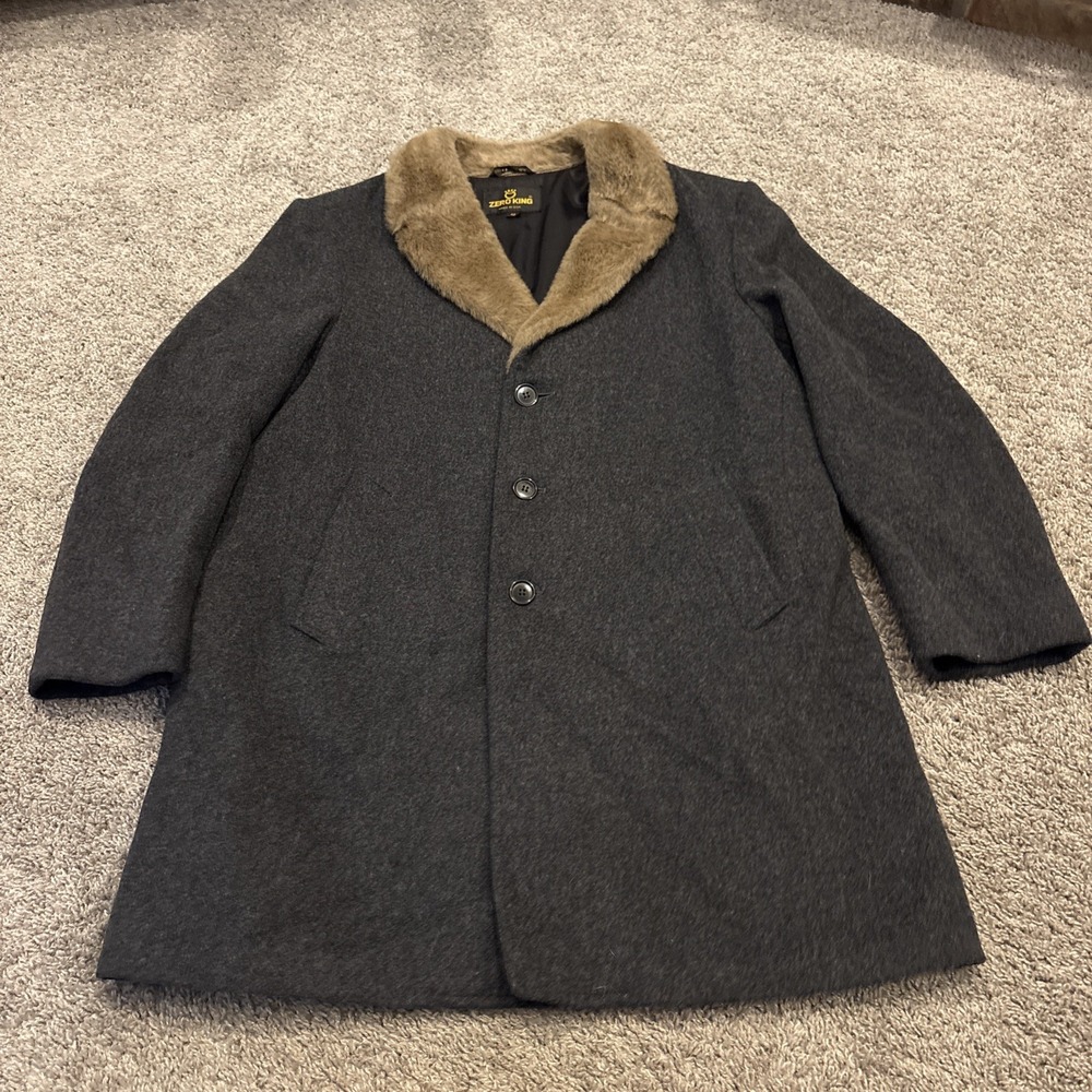 Vintage Zero King Fur Collar Chore Men's 42 Thinsulate Wool Trench Coat Gray